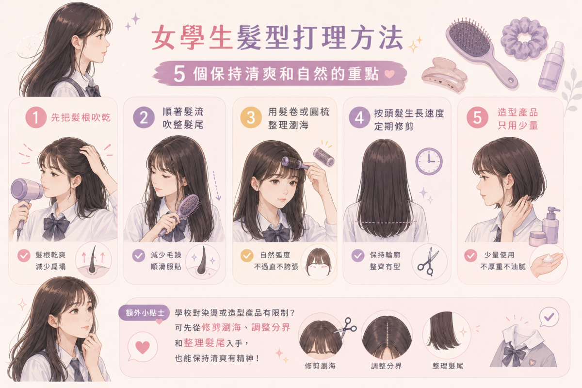 女學生日常髮型打理重點資訊圖表,視覺化呈現吹乾髮根、順髮流吹整、髮卷整理瀏海、定期修剪輪廓與造型產品減量使用的日常護理技巧與保養步驟。