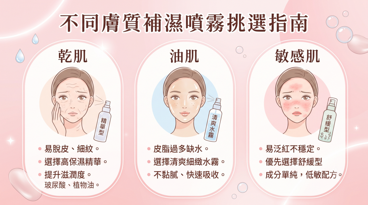 不同膚質適合的款式不同，針對性的使用保濕噴霧才能讓其效用完全發揮。