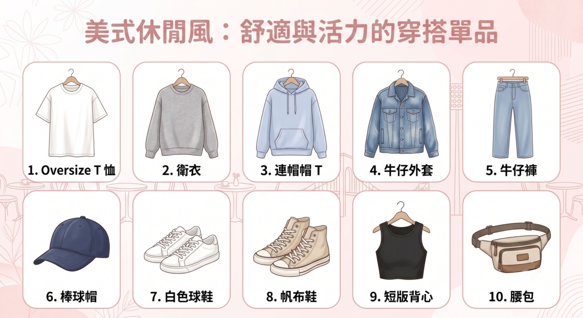 美式休閒風以舒適、自在與實穿性為核心，非常適合平日通勤、週末出遊或旅行穿搭。