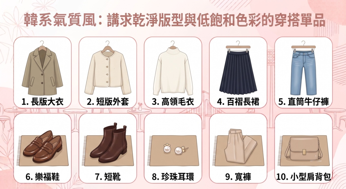 韓系氣質風講求乾淨俐落的版型與低飽和色彩，透過層次搭配營造自然高級感，不需要過多裝飾，也能讓整體造型充滿質感。