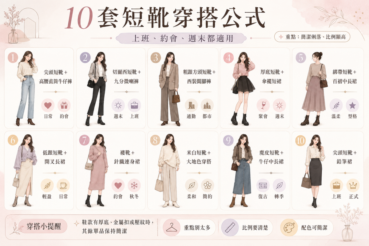 10套短boot穿搭公式對照圖：包含尖頭靴、切爾西靴、方頭靴、襪靴等配搭牛仔褲、西褲、短裙與長裙的場合造型指南。
