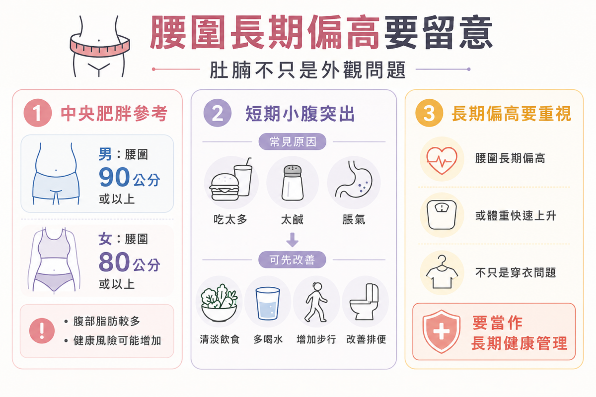 亞洲成人中央肥胖腰圍標準資訊圖，對比顯示男性腰圍 90 cm 或以上、女性腰圍 80 cm 或以上即屬中央肥胖，並提示腹部脂肪較多會增加健康風險。
