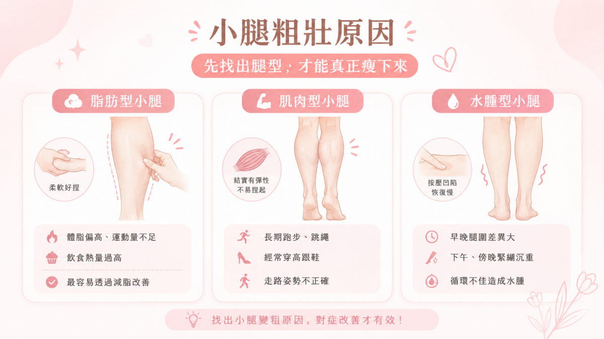 其實，真正的關鍵不是一直減重，而是先找出小腿變粗原因，再對症改善。改善方向大致可分為三種類型。