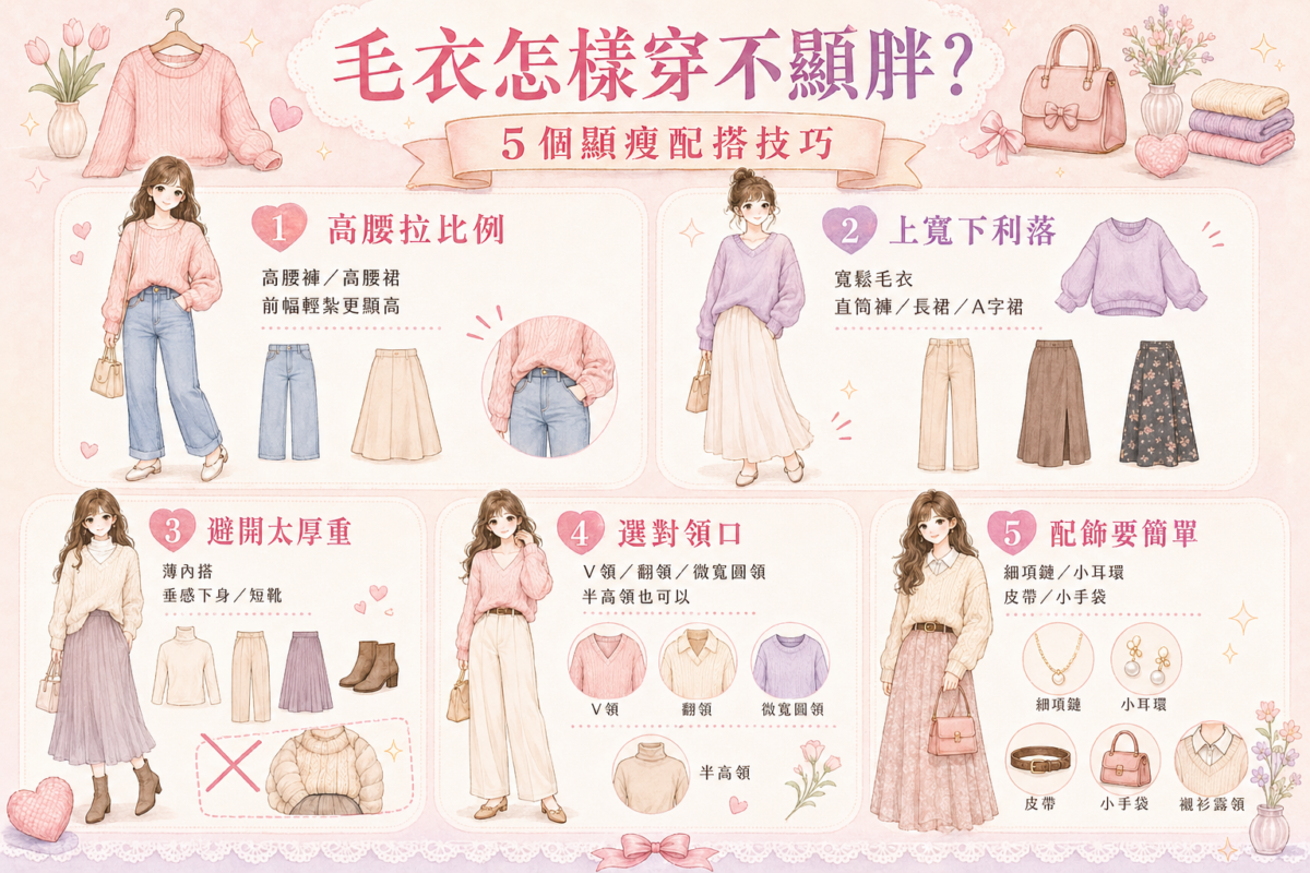 毛衣顯瘦穿搭技巧資訊圖：5招解決毛衣臃腫感，包含高腰比例、上寬下緊、材質平衡、修飾領口與簡約配飾的秋冬穿搭指南。