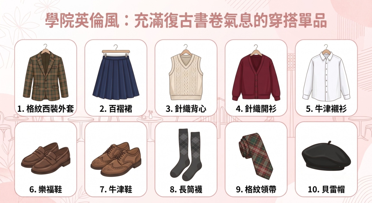 學院英倫風充滿復古書卷氣息，也是近年非常受歡迎的女生穿搭風格之一。