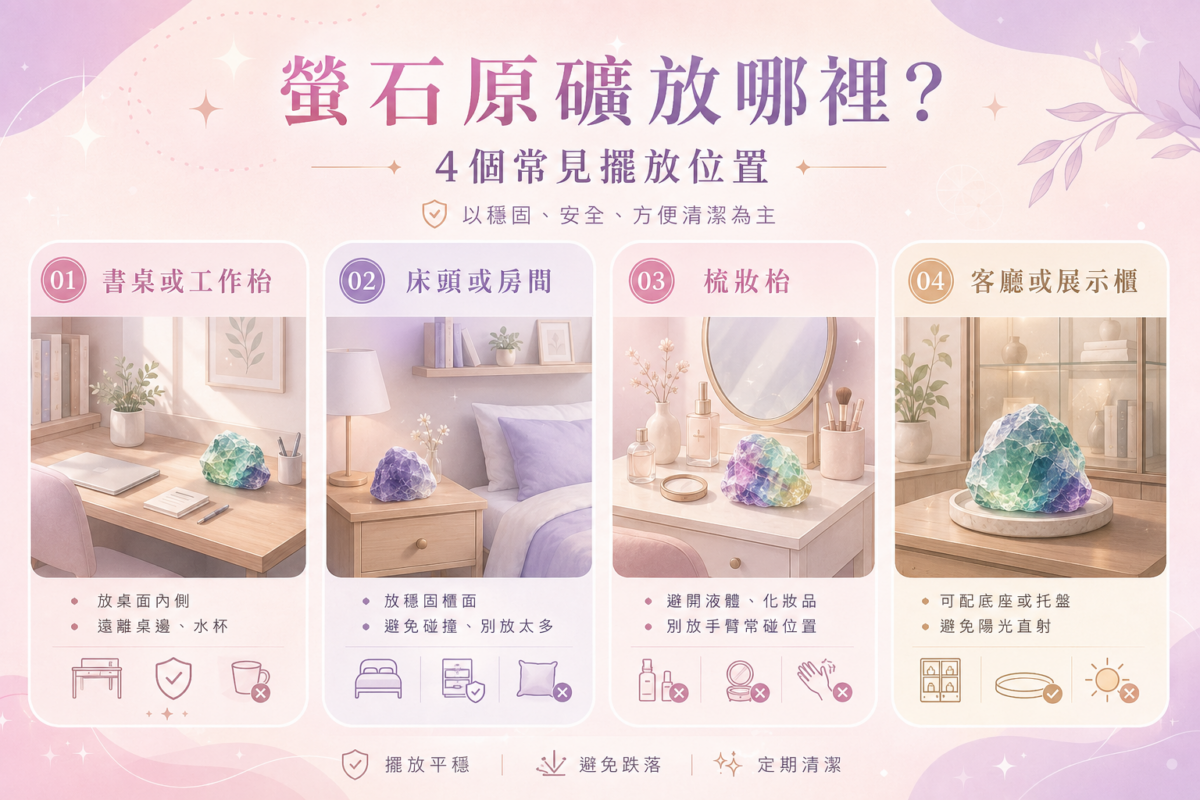 螢石原礦4個常見擺放位置與安全指南資訊圖表,視覺化呈現書桌、房間床頭、梳妝枱與客廳展示櫃的擺放位置要點、適合尺寸以及防碰撞、防直射的安全防護指南。