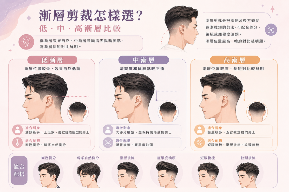 低中高漸層剪裁男士髮型挑選指南:對比Low Fade、Mid Fade、High Fade的造型特色、適合對象與油頭搭配推薦對照表。
