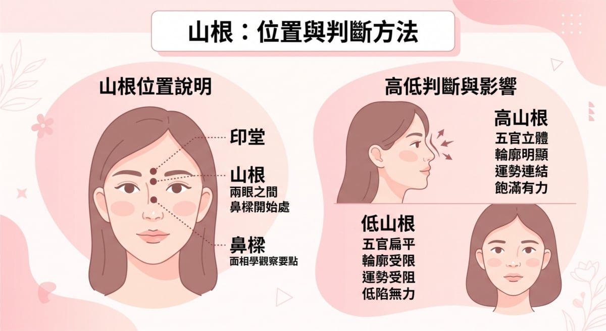 山根位於兩眼之間、鼻樑開始的位置，上接印堂，下連鼻樑，是面相學中觀察鼻部的重要位置。