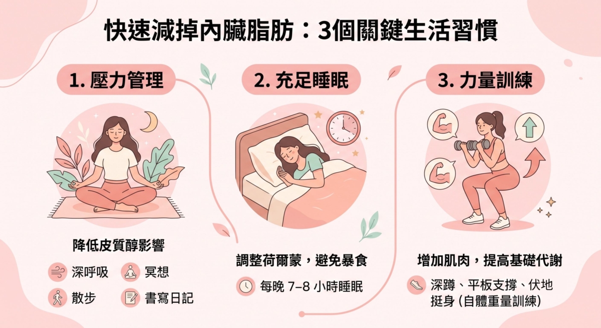 想要有效減少內臟脂肪，除了調整飲食內容，日常生活習慣同樣扮演重要角色。