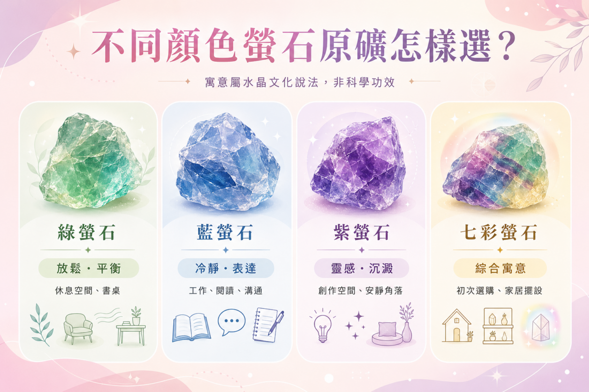 不同顏色螢石原礦挑選指南資訊圖表,視覺化呈現綠螢石、藍螢石、紫螢石及七彩螢石在水晶文化中的常見寓意與適合摆設的使用情境。