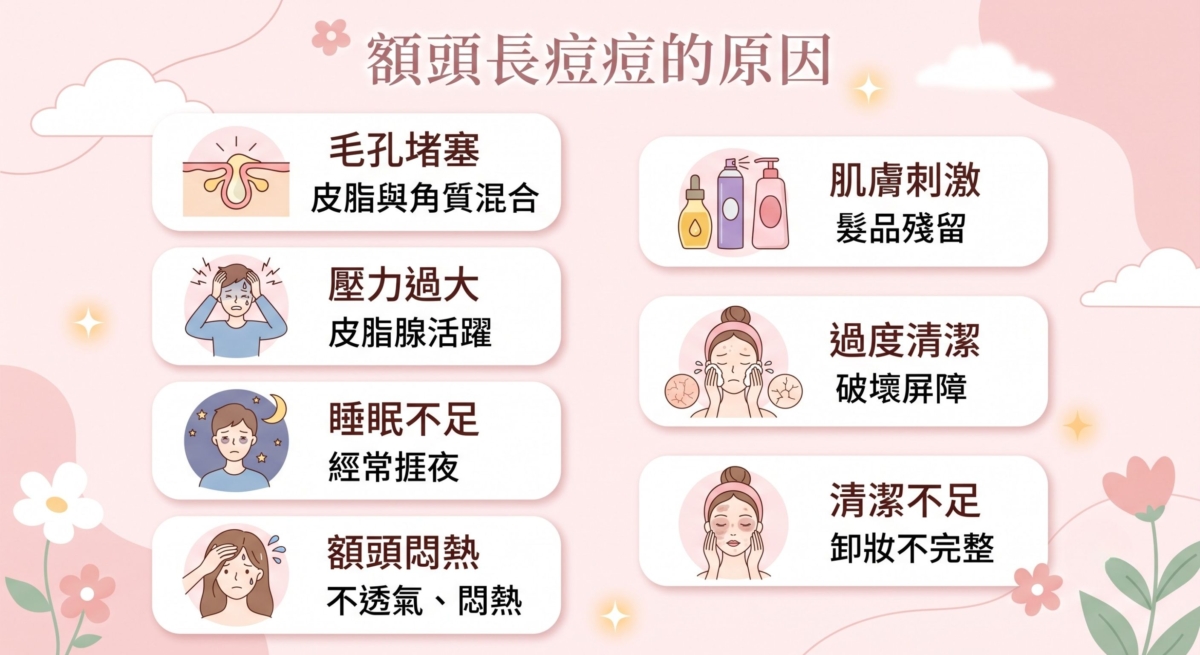 額頭長痘痘是許多人都有過的困擾，但背後原因不只有出油那麼簡單。