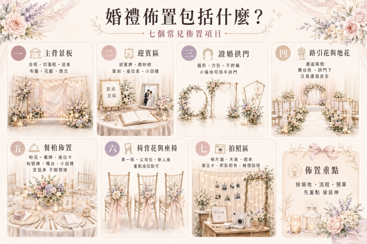 婚禮佈置7大常見項目解析圖：包含主背景板、迎賓區、證婚拱門、路引花、餐枱、椅背花與拍照區的佈置重點指南。