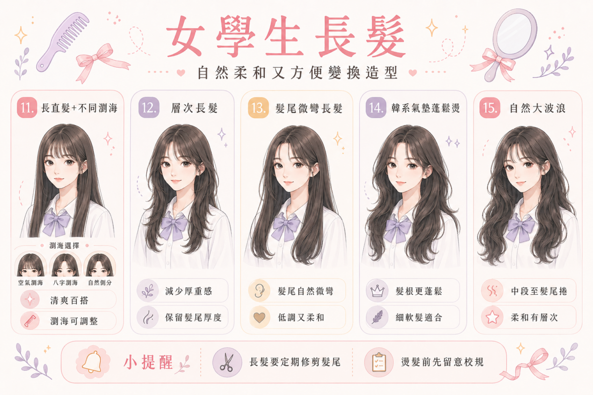 5款自然系女學生長髮推薦資訊圖表,視覺化呈現長直髮(配空氣/八字瀏海/側分)、層次長髮、髮尾微彎長髮、韓系氣墊蓬鬆燙與自然大波浪/水波紋捲髮的造型特色、修飾效果與適用對象。
