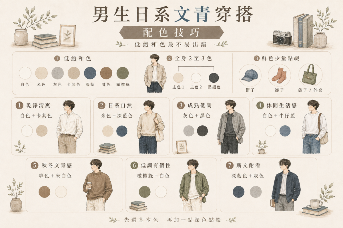 男生文青穿搭7大配色技巧資訊圖：一圖速查白加卡其、米加深藍、灰加黑、橄欖綠加白等低飽和色彩組合與日系自然風男裝穿搭指南。