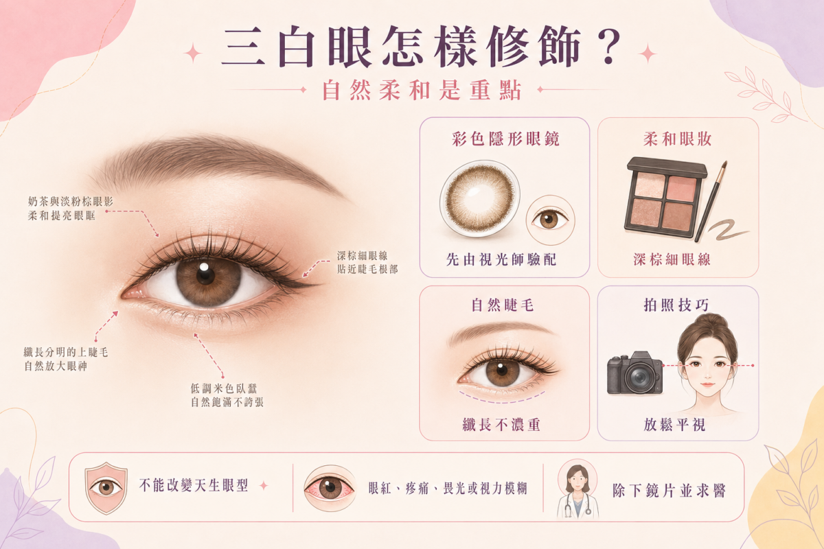三白眼修飾眼妝技巧的資訊圖,分為眼線、眼影、睫毛和臥蠶四個部分,提供柔和眼妝的具體建議和應避免事項。