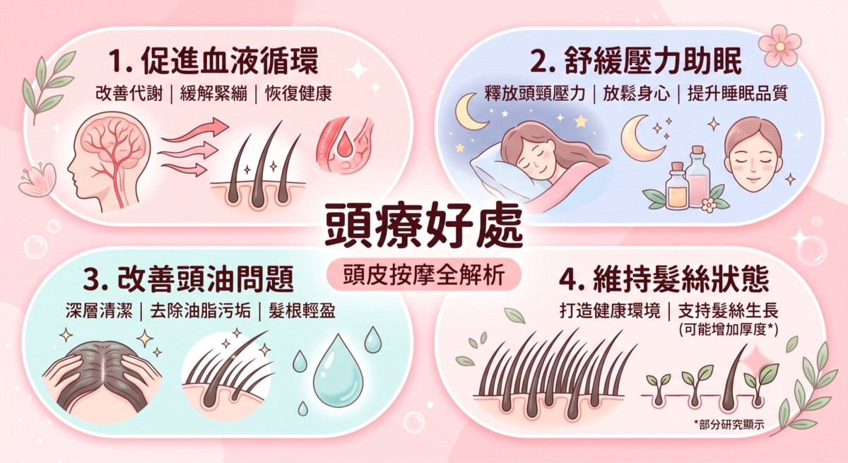 透過規律按摩頭皮，可以刺激頭部血液循環，讓頭皮獲得更好的養分供應，維持健康的頭皮環境。
