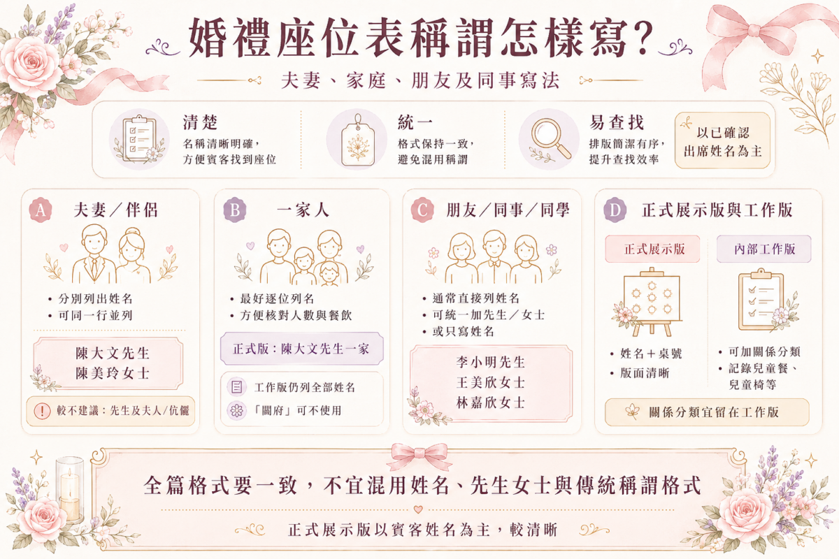 婚禮座位表稱謂寫法指南圖：包含夫妻、家庭、朋友同事的推薦寫法與避雷建議對照。