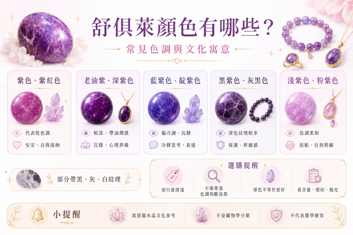 舒俱萊5種常見顏色(紫色、老油紫、藍紫、黑紫、淺紫)的外觀特徵、水晶文化常見寓意與市場選購盲點提醒對比圖資訊圖表。