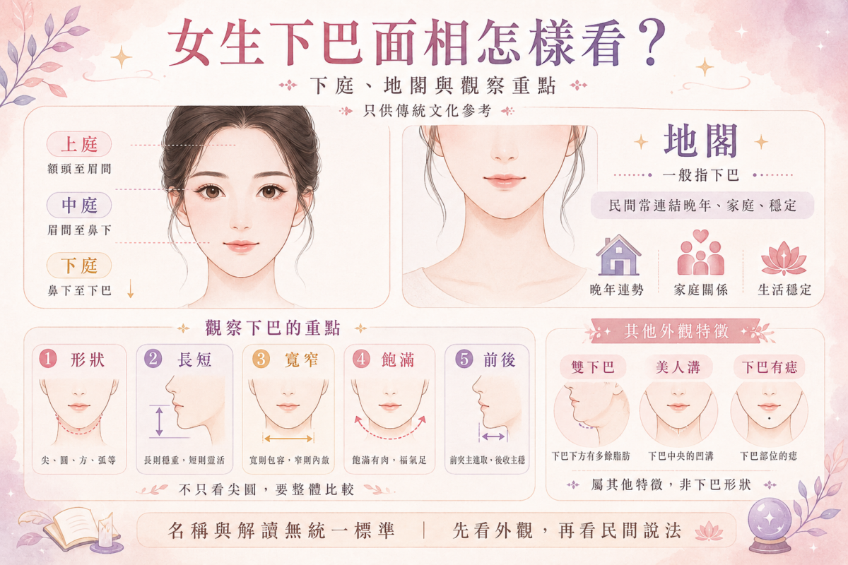女生下巴面相基礎解析圖：展示下庭與地閣位置定義及下巴形狀、長短、飽滿度的觀察重點。