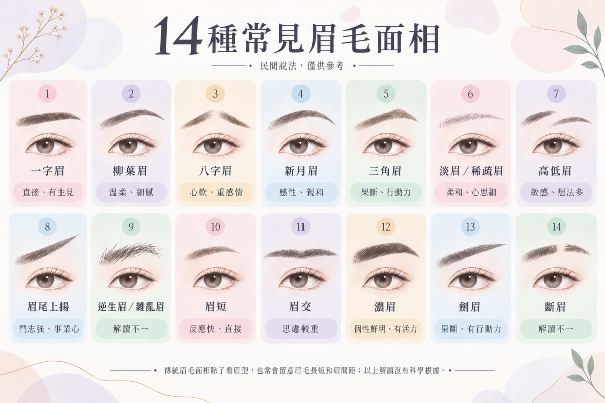 14種常見眉型面相特徵對照圖,包含一字眉、柳葉眉、劍眉、濃眉等14種眉型輪廓與傳統面相解讀。