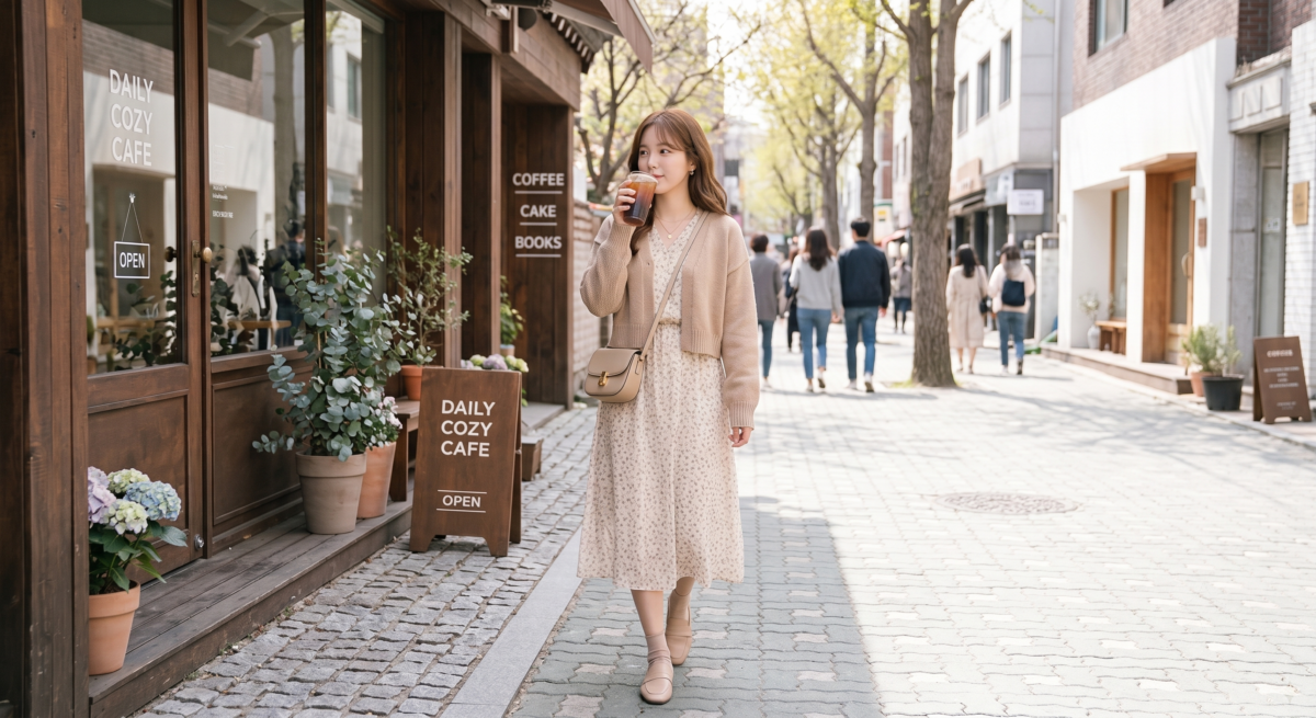 連身裙外搭短版針織外套，是15度最有女人味的穿搭之一。