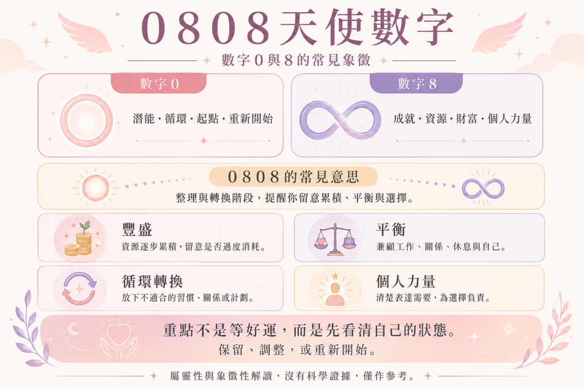 0808天使數字意思與4大核心象徵對照圖:包含數字0與數字8的靈性含義拆解,以及豐盛、平衡、循環轉換、個人力量的常見解讀與實際生活檢視。