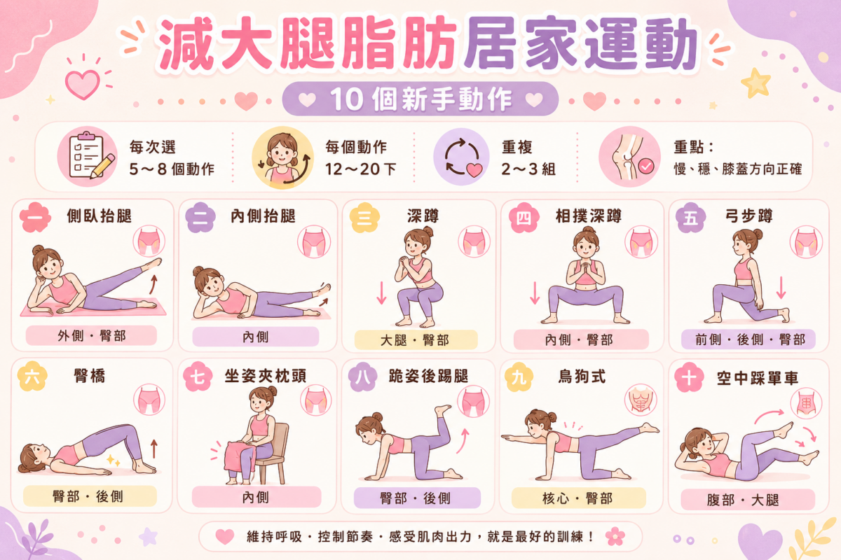 居家減大腿脂肪的10個新手動作圖解資訊圖表，以網格矩陣呈現深蹲、相撲深蹲、內側抬腿、臀橋等動作名稱與鍛鍊部位分類，並包含新手運動組數與次數的菜單編排建議。
