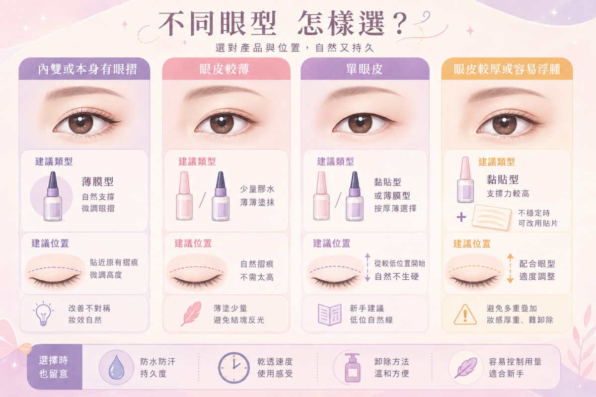 4大常見眼型（內雙、薄眼皮、單眼皮、厚/腫眼皮）雙眼皮產品挑選與使用技巧對照圖鑑。