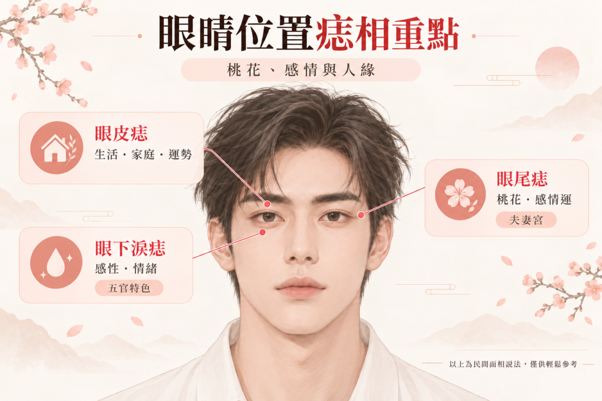 男子眼睛痣相資訊圖,整理眼尾痣、眼下淚痣及眼皮痣的位置,以及桃花運、感情、感性特質與家庭的民間說法。