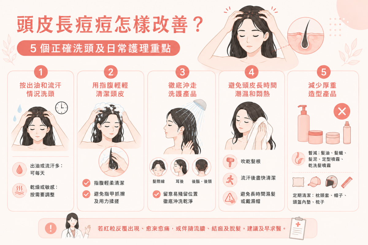 頭皮長痘痘改善5大護理重點圖：溫和洗頭、指腹清潔、徹底沖洗、保持乾爽與少用造型品對照圖。