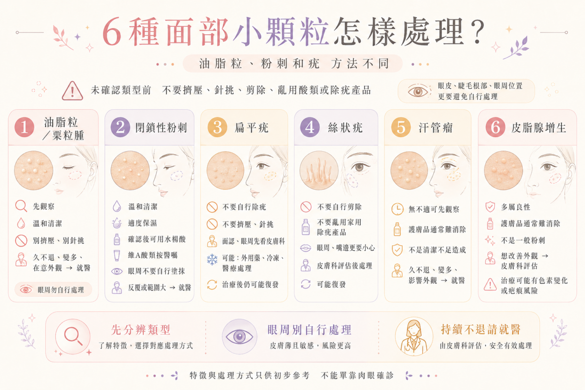 6種面部小顆粒正確處理方法對照圖:包含油脂粒(粟粒腫)、閉鎖性粉刺、扁平疣與絲狀疣、汗管瘤與皮脂腺增生的日常護理重點、眼周使用酸類禁忌、切勿自行針挑硬擠,以及尋求皮膚科醫生醫療程序。