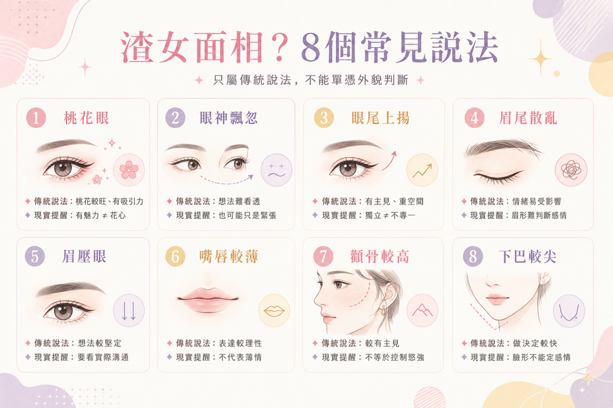8個常見渣女面相誤解傳統說法與現實提醒對照圖：包含桃花眼、眼神飄忽、眼尾上揚、眉尾散亂、眉壓眼、嘴唇薄、顴骨高與尖下巴的五官特徵迷思破解與理性感情態度判斷標準。