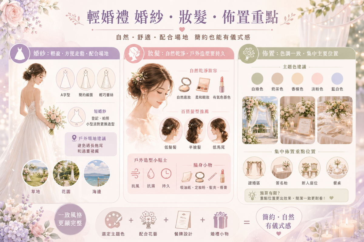 輕婚禮3大籌備重點(婚紗挑選、妝髮造型、場地佈置)的款式推薦、風格重點與核心技巧對照圖鑑。