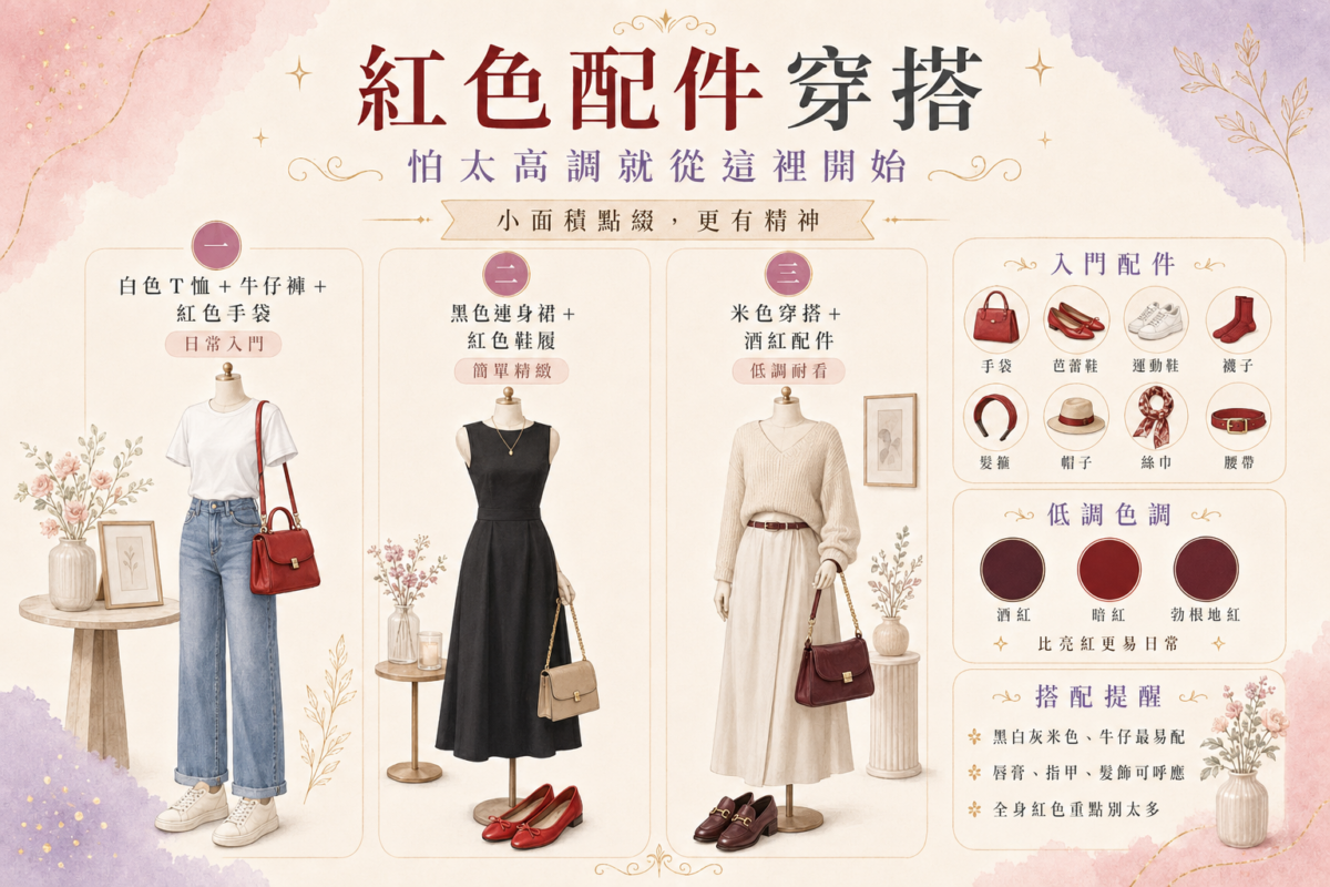 紅色配件穿搭入門與點綴公式資訊圖表,以簡約單品插圖呈現紅色手袋、芭蕾鞋、襪子、帽子等8款入門配件清單,並視覺化圖解白T牛仔褲配紅包、黑連身裙配紅鞋的Pop of Red穿搭公式與酒紅/勃根地紅的低調選色建議。