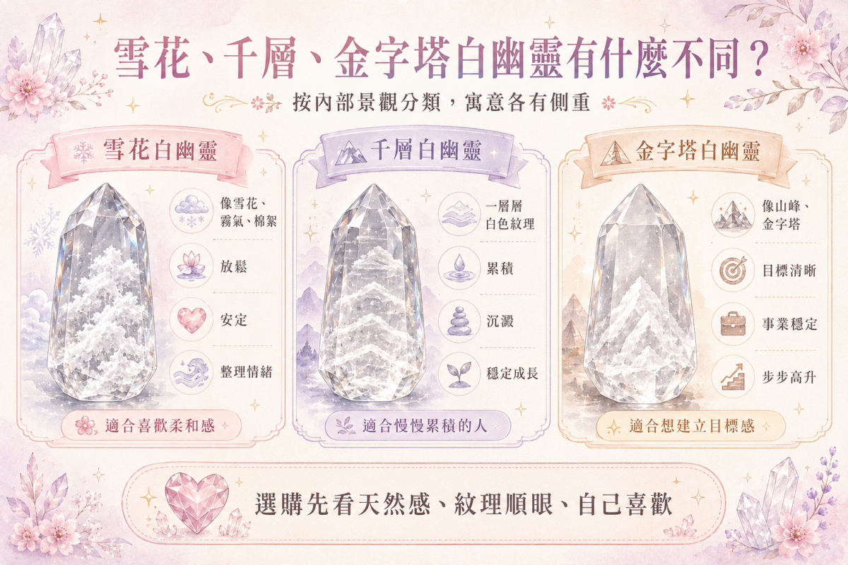 3種白幽靈水晶種類與功效對照資訊圖：一圖看懂雪花白幽靈（放鬆情緒）、千層白幽靈（穩定成長）與金字塔白幽靈（事業高升）的外觀特徵、常見寓意及水晶選購指南。