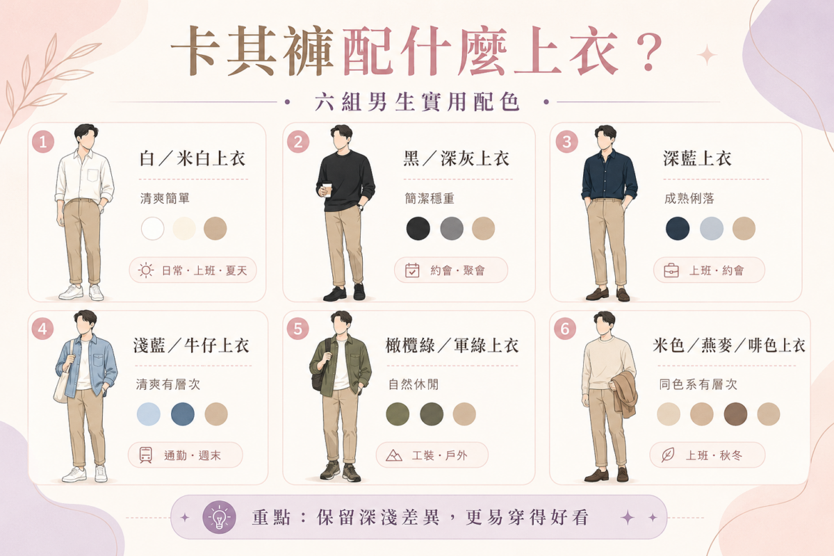 卡其褲男士配色速查指南資訊圖:六種實用配色組合,包含白色/米白、黑色/深灰、深藍、淺藍/牛仔、橄欖綠/軍綠以及大地色系(米色/燕麥色/啡色)的視覺化搭配建議與風格說明。
