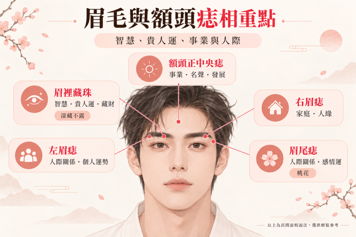 男子痣面相圖解,標示眉裡藏珠、左眉痣、右眉痣、眉尾痣及額頭正中央痣的位置與智慧、貴人運、事業及人緣等傳統寓意。