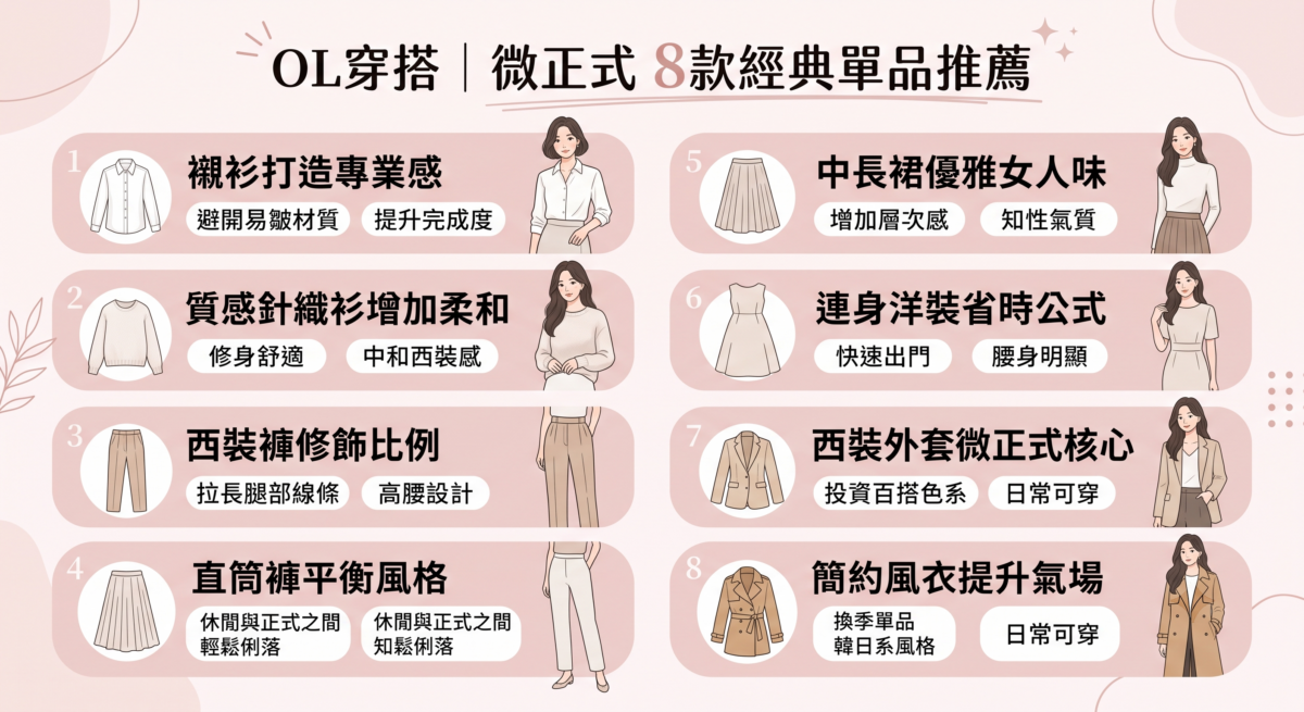 一張主題為「OL穿搭 | 微正式 8款經典單品推薦」的資訊圖表，列出了襯衫、針織衫、西裝褲、直筒褲、中長裙、連身洋裝、西裝外套與風衣等 8 款職場推薦服飾。