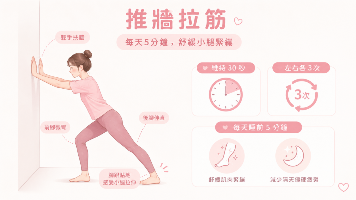 推牆拉筋是最簡單、也最適合每天進行的小腿伸展動作，不需要任何器材，在家就能完成。