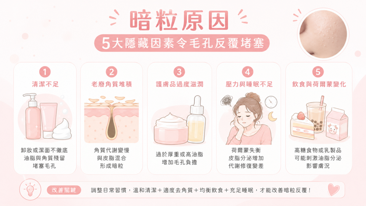 暗粒形成通常需要一段時間累積，因此即使使用護膚品改善，也需要同步調整日常習慣。