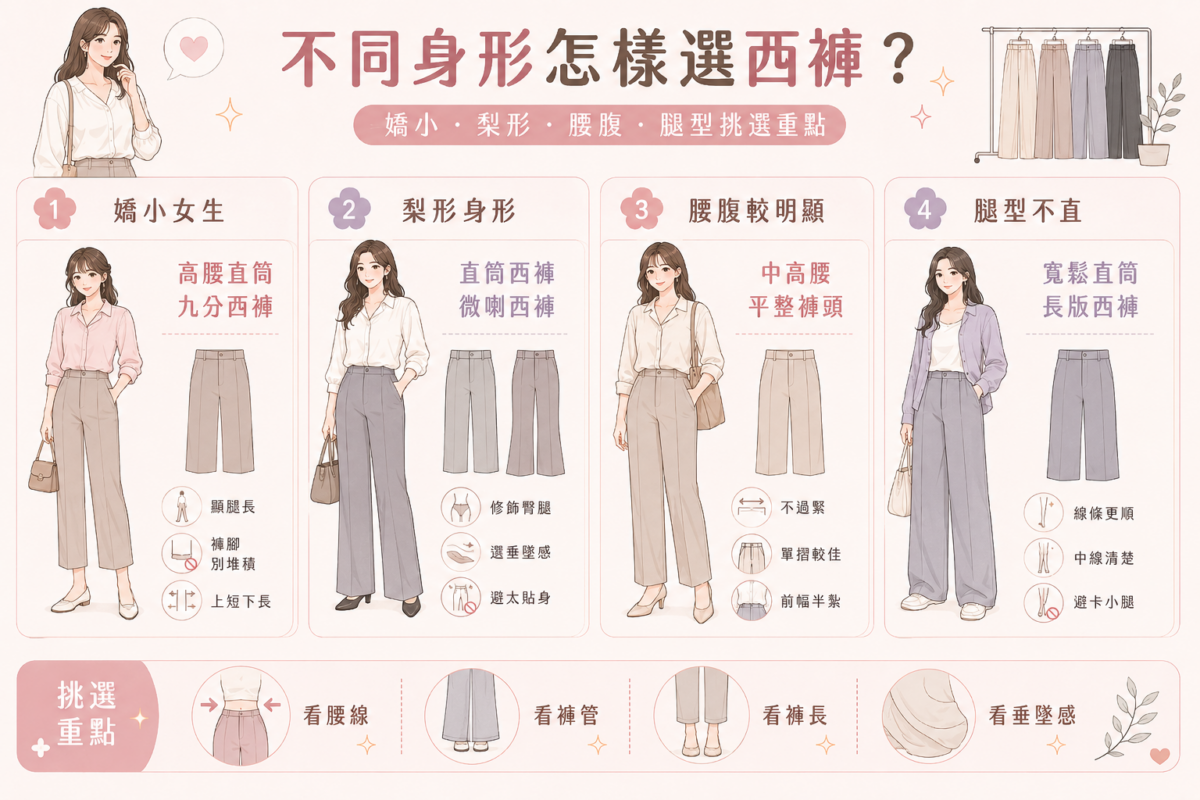 4大身形西褲挑選指南對照圖:包含嬌小女生、梨形身形、腰腹明顯與腿型不直的西褲款式推薦與穿搭核心重點。