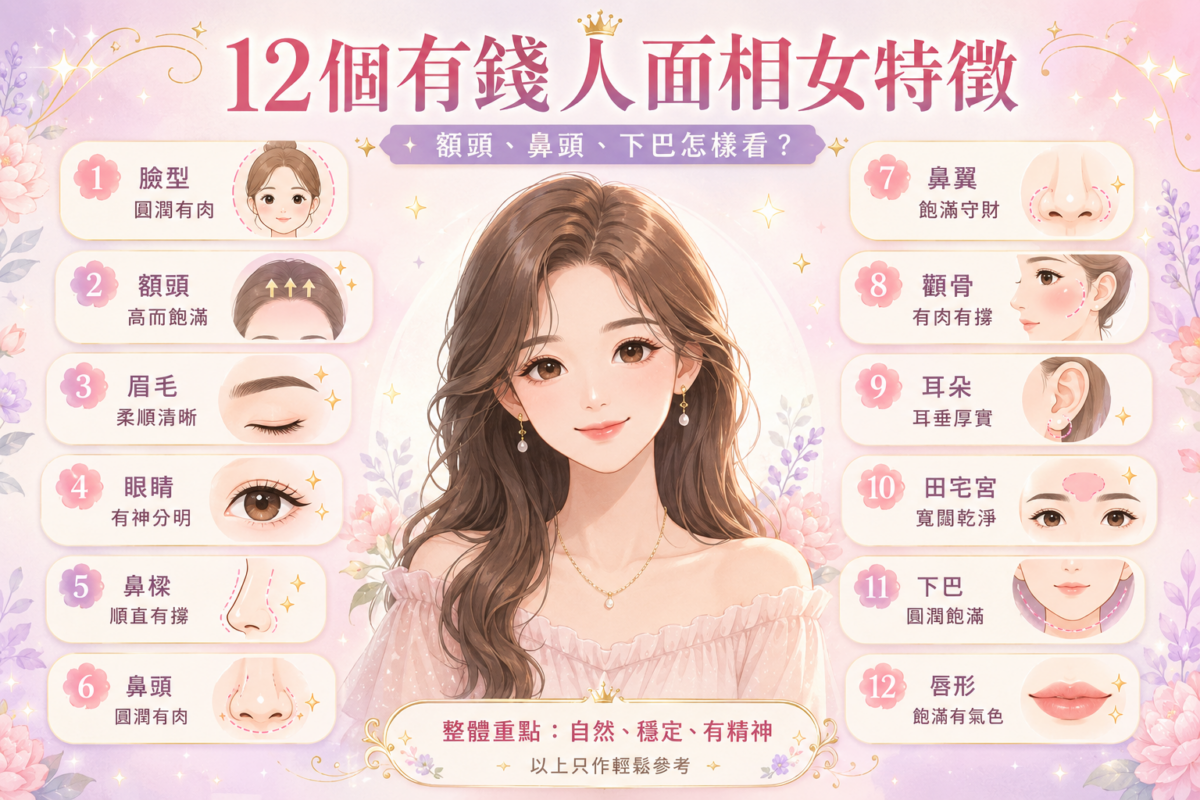 有錢人面相女特徵圖解：12個旺財福氣面相速查表，包含飽滿額頭、圓潤鼻頭、守財鼻翼、厚實耳垂與圓潤下巴的女性面相特徵分析。