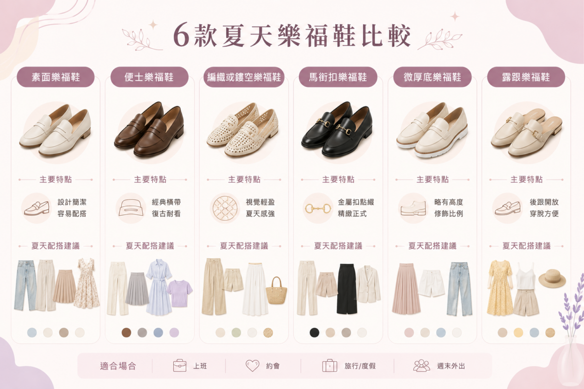 6款夏天女生樂福鞋(素面、便士、編織/鏤空、馬銜扣、微厚底、露跟)設計特點與夏日穿搭建議對照圖鑑。