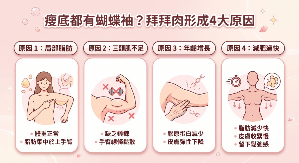 一張解釋蝴蝶袖（拜拜肉）形成4大原因的插畫資訊圖表，列出了：局部脂肪、三頭肌不足、年齡增長及減肥過快。