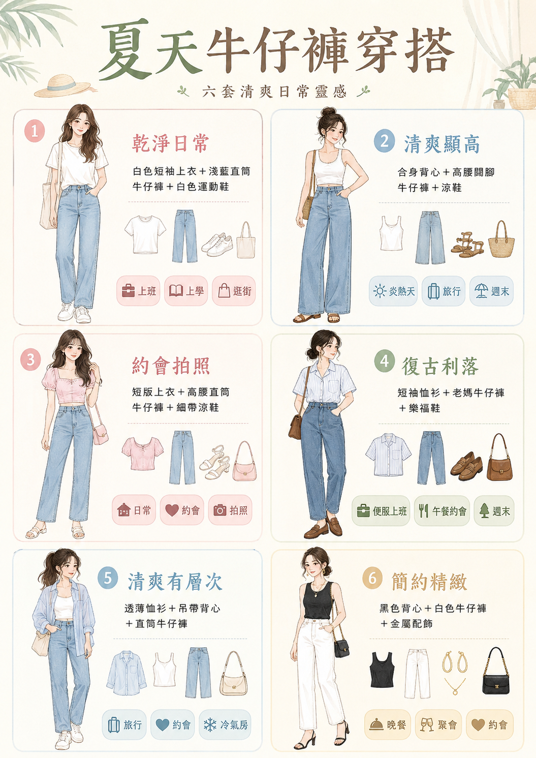 夏日牛仔褲穿搭公式懶人包資訊圖:一圖速查白T直筒褲、背心闊腳褲、短版上衣細帶涼鞋、短袖恤衫老媽褲及黑色背心白色牛仔褲等夏日百搭顯瘦穿搭指南。