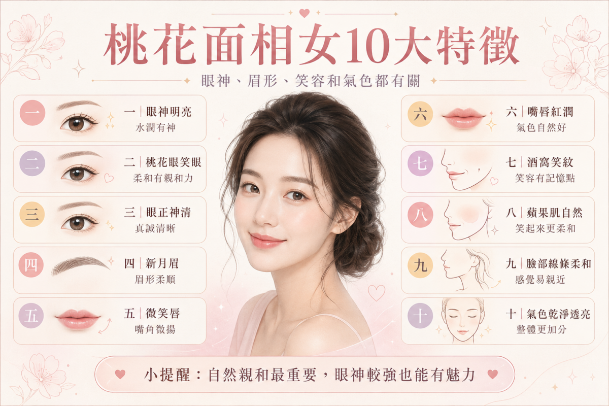 10大桃花感面相特徵速查資訊圖,以女性臉部插畫標示出眼神明亮、新月眉、微笑唇、酒窩、自然蘋果肌、紅潤嘴唇與透亮氣色等10種提升親和力的好感特徵。