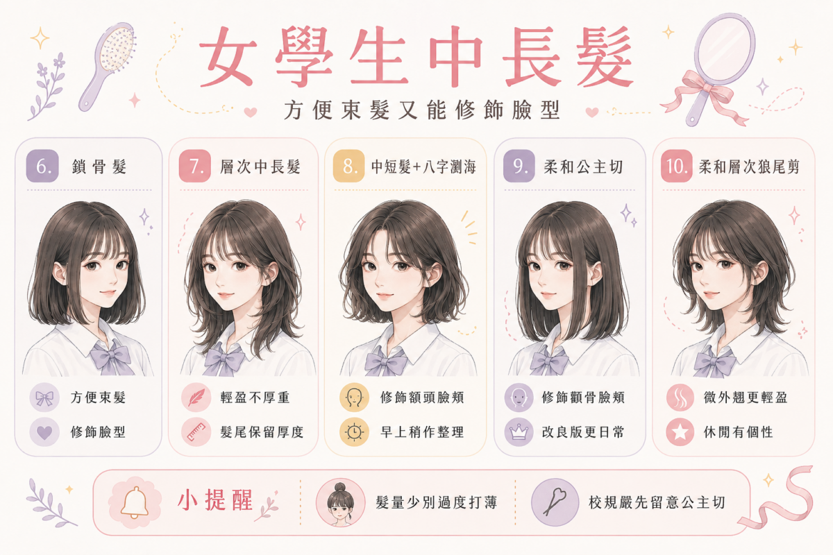 5款修飾臉型女學生中長髮推薦資訊圖表,視覺化呈現鎖骨髮、層次中長髮、中短髮配八字瀏海、柔和公主切與柔和層次狼尾剪的造型特色與適合對象。
