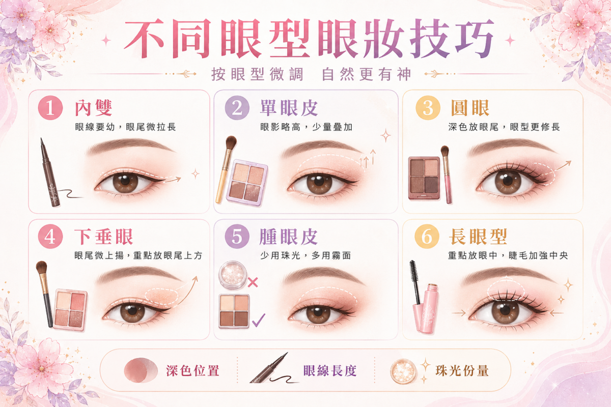 6大常見眼型化妝技巧調整對照圖：包含內雙、單眼皮、圓眼、下垂眼、腫眼皮與長眼型的眼線、眼影畫法核心攻略。