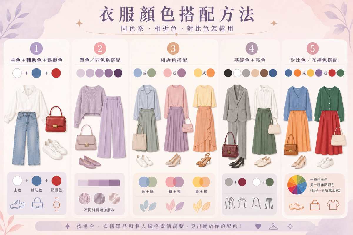 5大常見衣服顏色搭配方法對照圖鑑:包含主輔點綴色、同色系、相近色、基礎加亮色與對比互補色的穿搭特點與核心色塊示範。