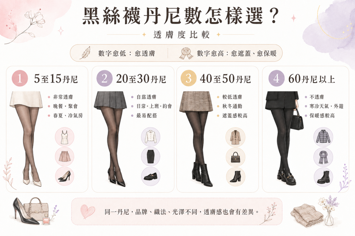 黑絲襪丹尼數透膚度比較圖表:一文看懂5D、20D、40D與60D以上絲襪視覺效果與適合穿搭場合指南。